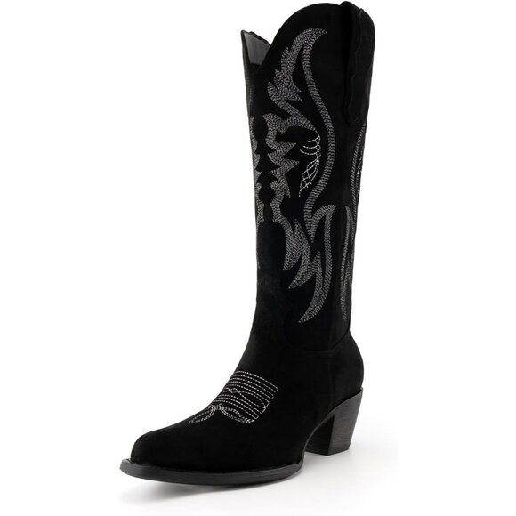 Women's Black Mid Calf Cowgirl Western Boots Embroidered Suede Pull On - Picture 1 of 7